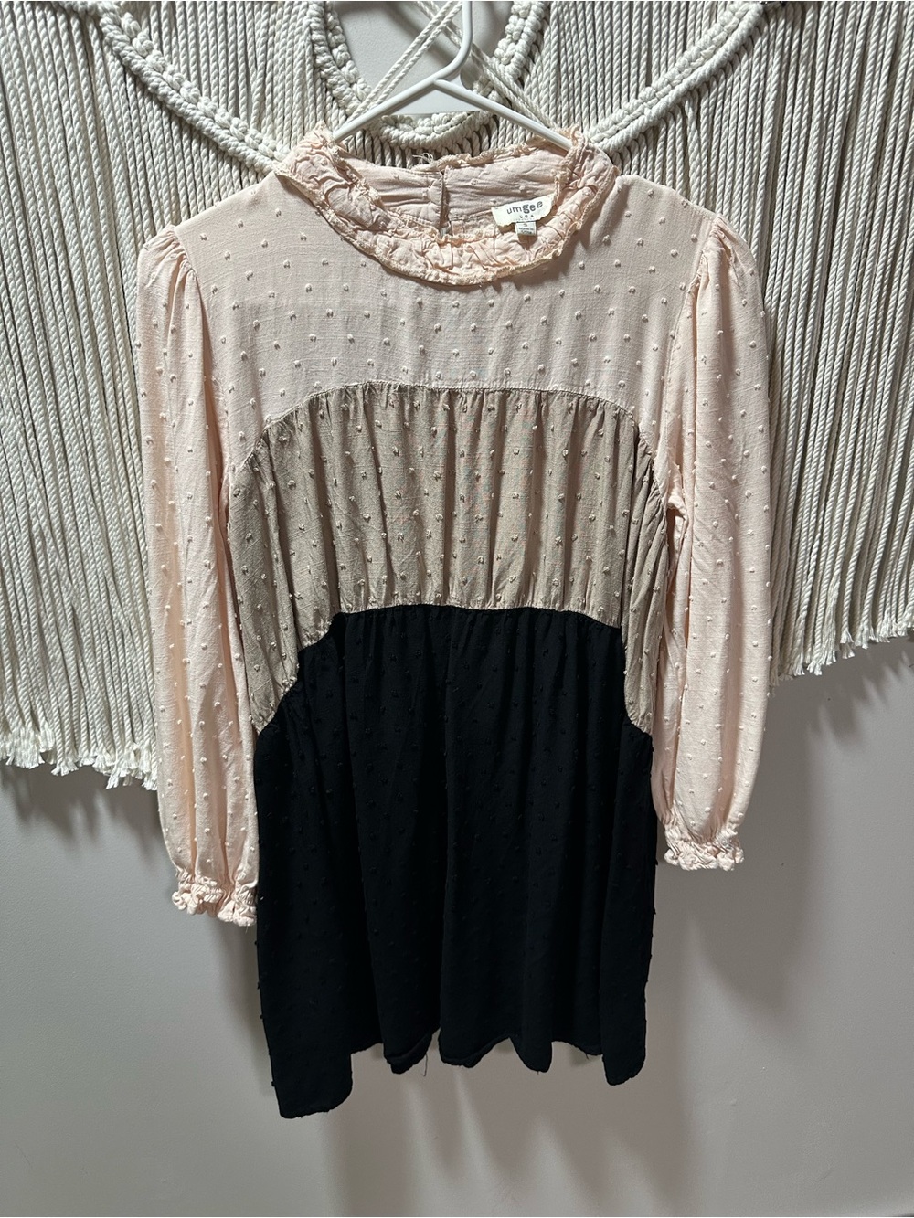 Umgee Pink Beige Black Colorblock Swiss Dot Long Sleeve Dress